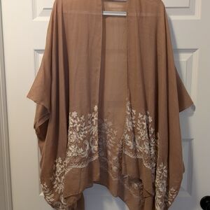 Brown Kimono with White Floral Embroidery
